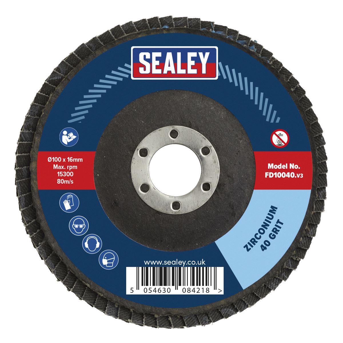 Sealey FD10040 Flap Disc Zirconium Ø100mm Ø16mm Bore 40Grit Sealey