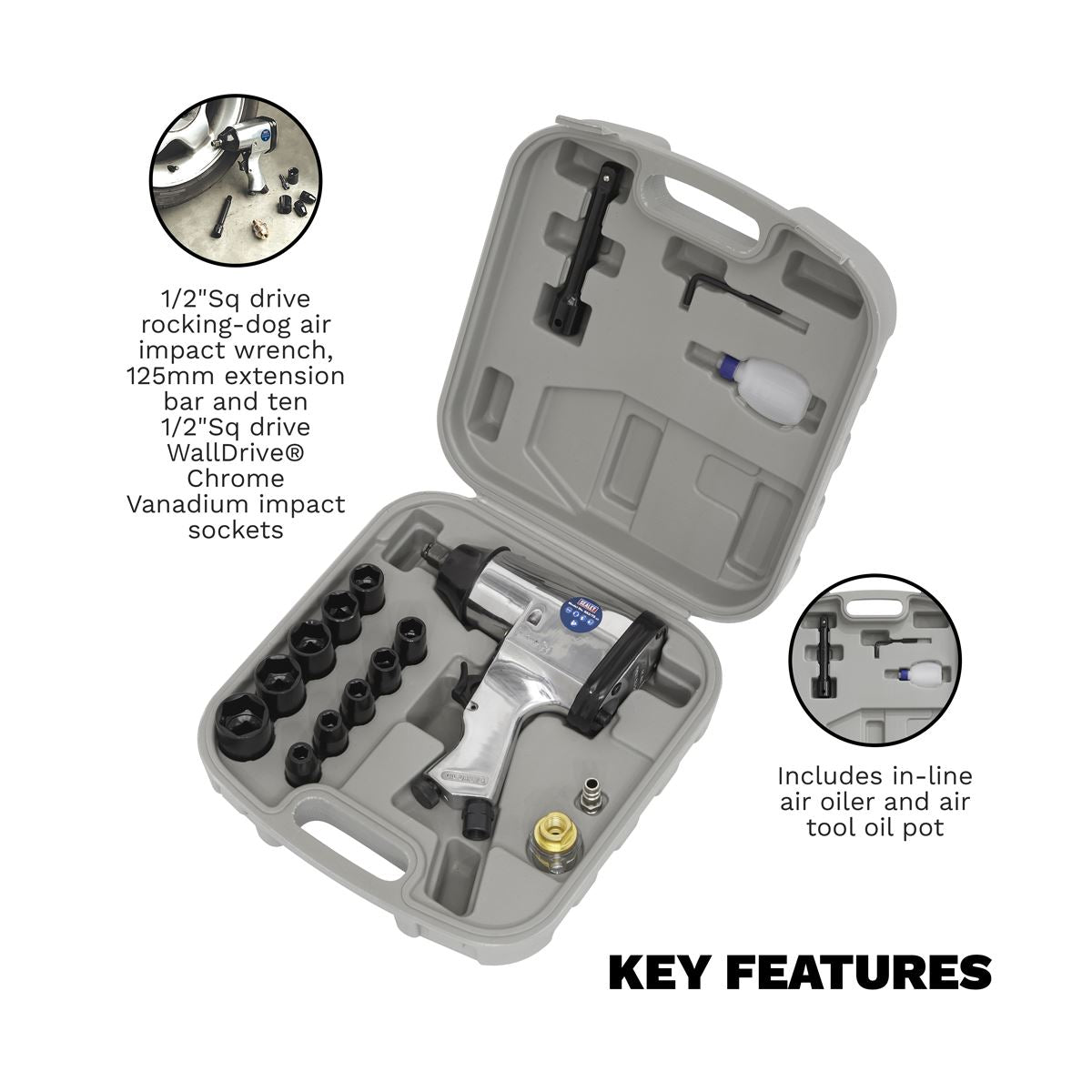 Sealey SA2/TS Air Impact Wrench Kit with Sockets 1/2"Sq Drive Sealey
