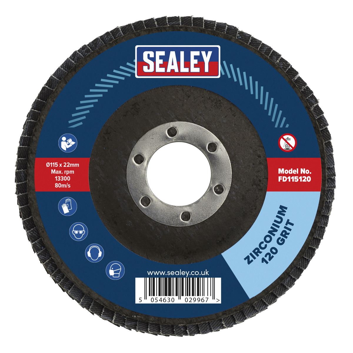 Sealey FD115120 Flap Disc Zirconium Ø115mm Ø22mm Bore 120Grit Sealey