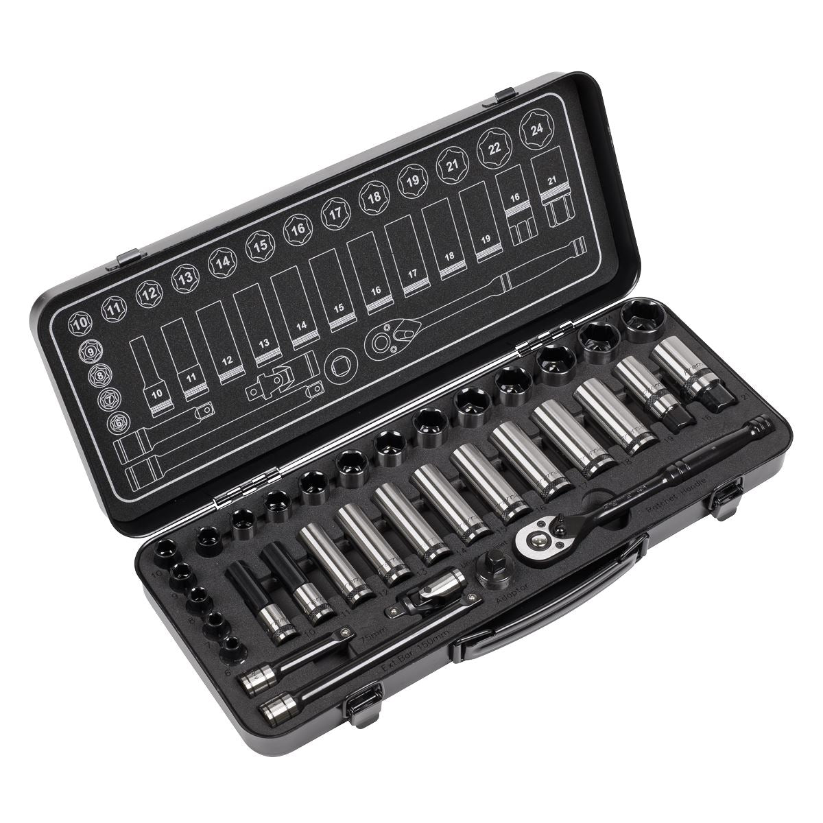 Sealey AK7971 Socket Set 34pc 3/8"Sq Drive WallDrive® Metric Premier Black Sealey