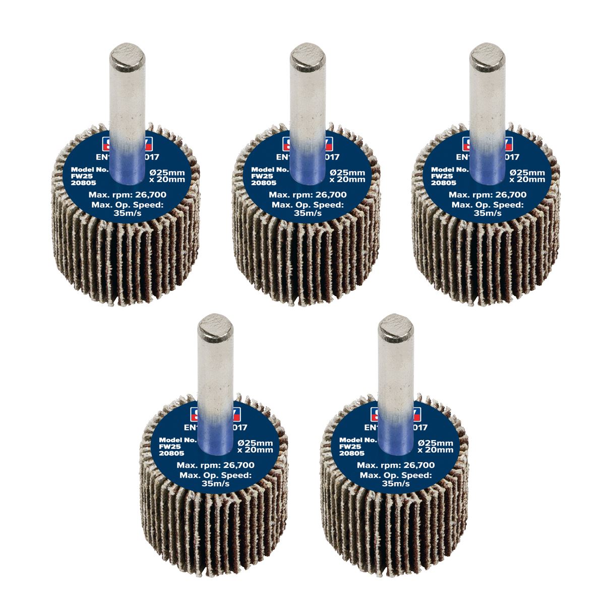 Sealey FW2520805 Abrasive Flap Wheel Ø25 x 20mm 80Grit Ø6mm Shaft - Pack of 5 Sealey