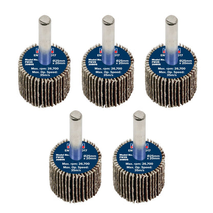 Sealey FW2520805 Abrasive Flap Wheel Ø25 x 20mm 80Grit Ø6mm Shaft - Pack of 5 Sealey