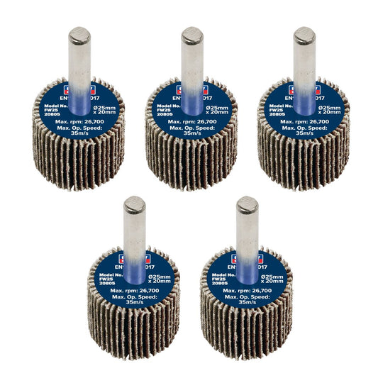 Sealey FW2520805 Abrasive Flap Wheel Ø25 x 20mm 80Grit Ø6mm Shaft - Pack of 5 Sealey