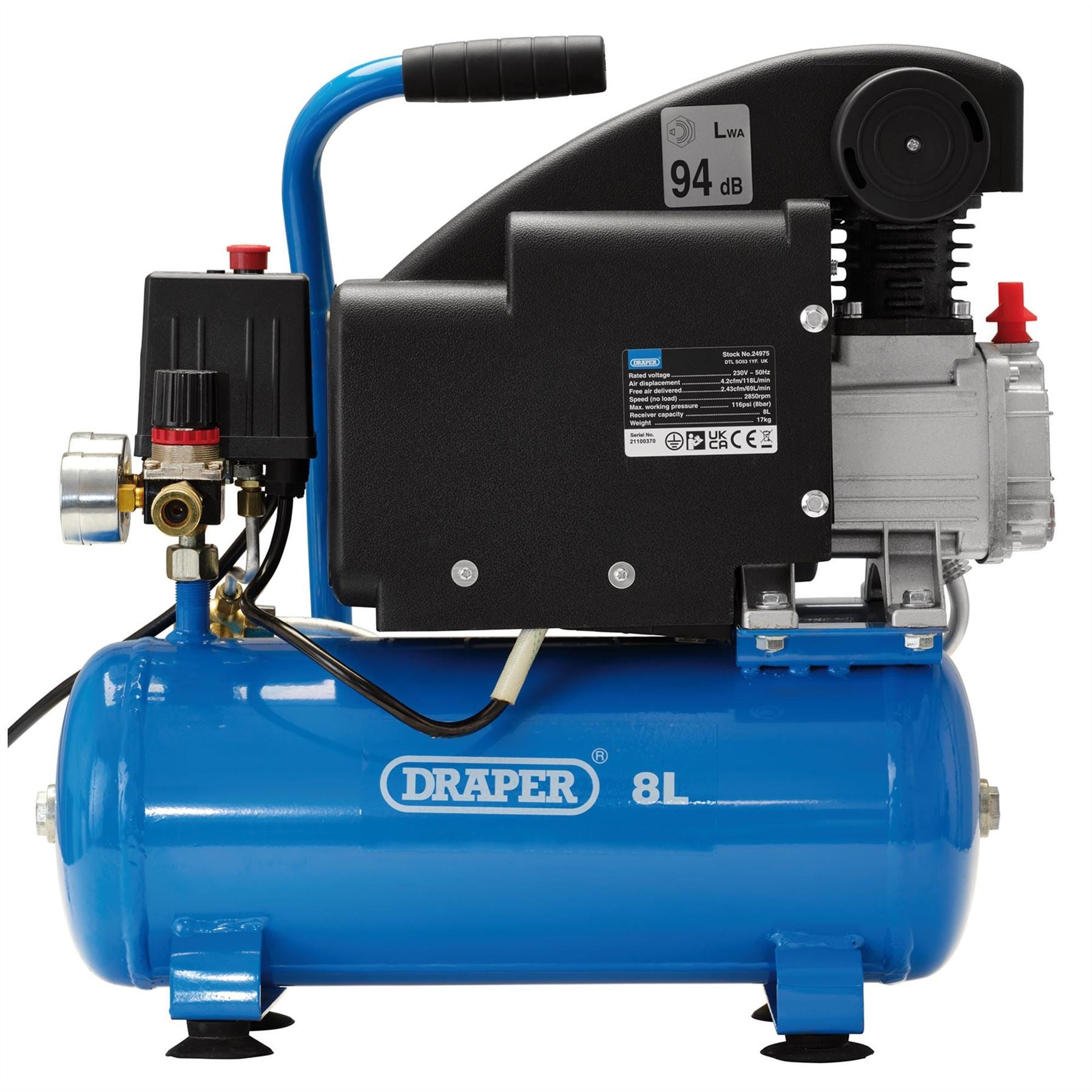 Draper 24975 8L Direct Drive Air Compressor 0.75kW/1.1hp Draper