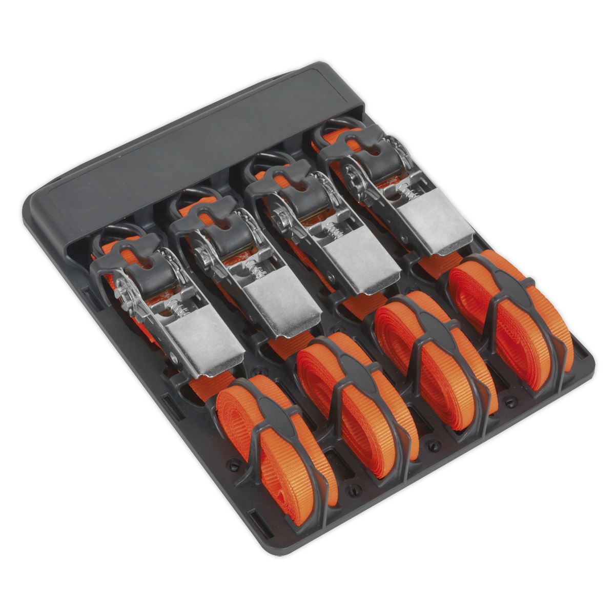 Sealey TD0540S4 Ratchet Straps 25mm x 4m Polyester Webbing with S-Hooks 500kg Breaking Strength - 2 Pairs Sealey