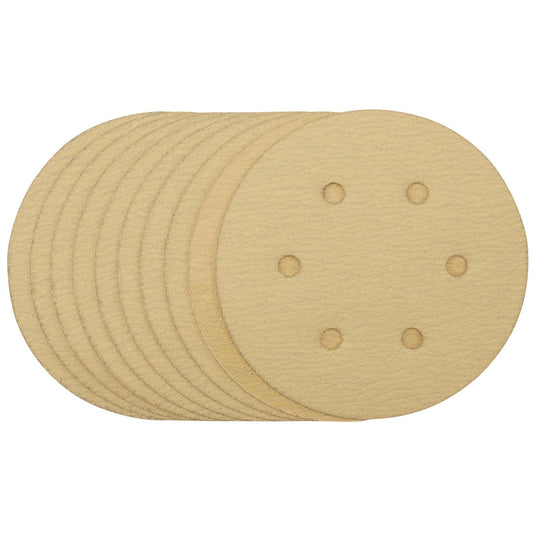 Draper 64025 Gold Sanding Discs with Hook & Loop 150mm 120 Grit 6 Dust Extraction Holes Pack of 10 Pack of 10 Draper