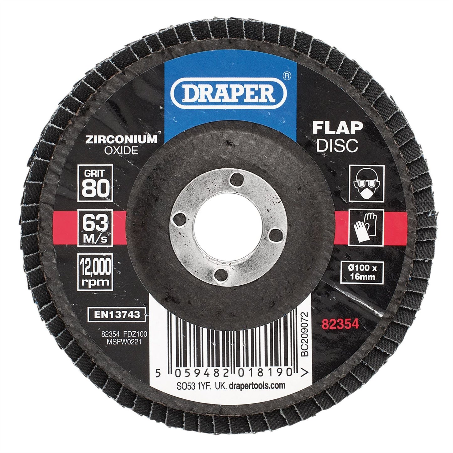 Draper 82354 Zirconium Oxide Flap Disc 100 x 16mm 80 Grit Draper