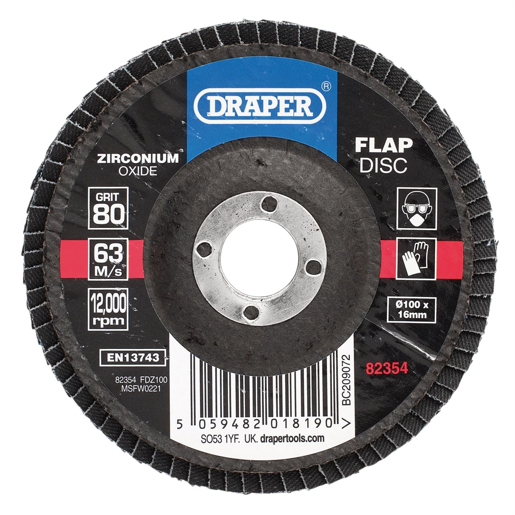 Draper 82354 Zirconium Oxide Flap Disc 100 x 16mm 80 Grit Draper