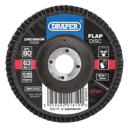 Draper 82354 Zirconium Oxide Flap Disc 100 x 16mm 80 Grit Draper