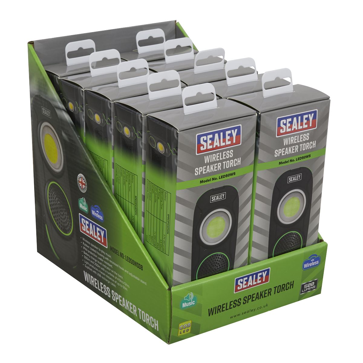 Sealey LED50WSDB Rechargeable Torch with Wireless Speaker 10W COB LED - Display Box of 10 Sealey
