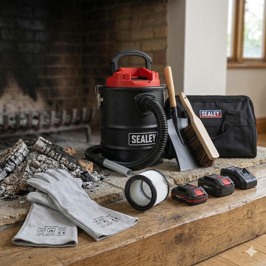 Sealey CP20VAV cordless ash vacuum cleaner bundle displayed on a fireplace hearth with a 15L black tank, two 20V batteries, charger, HEPA filter, heavy-duty grey heat-resistant gloves, shovel, brush, and a black Sealey tool bag.