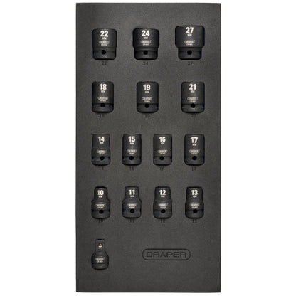 Draper 63415 HI-TORQ® Metric Impact Socket Set in EVA Drawer Insert Tray 1/2" Sq. Dr. 15 Piece Draper