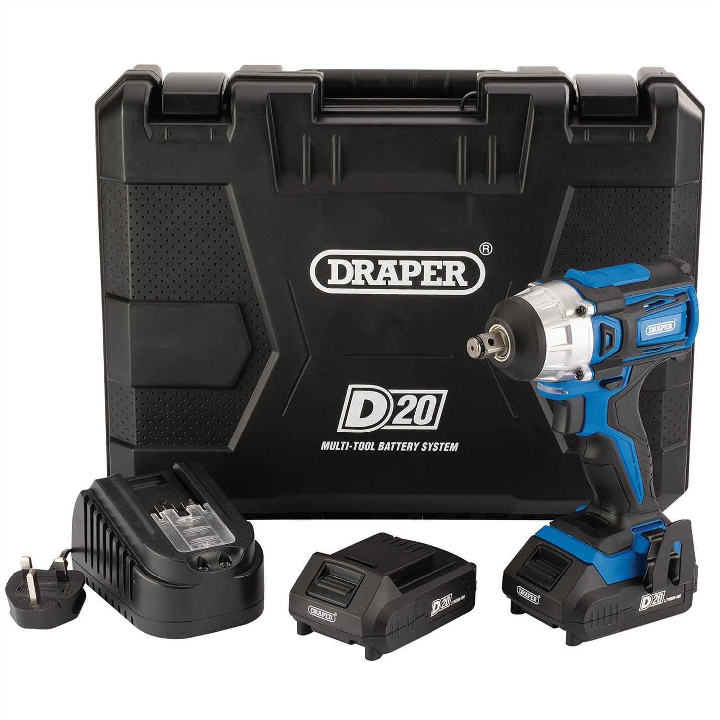 Draper 55343 D20 20V Brushless Impact Wrench 1/2" Sq. Dr. 250Nm 2 x 2.0Ah Batteries 1 x Charger Draper