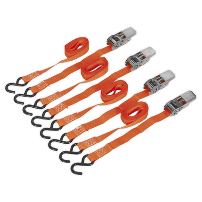 Sealey TD0540S4 Ratchet Straps 25mm x 4m Polyester Webbing with S-Hooks 500kg Breaking Strength - 2 Pairs Sealey