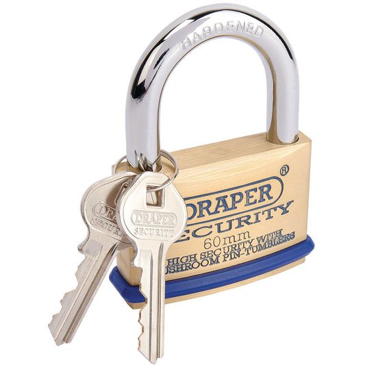 Draper 64163 Solid Brass Padlock and 2 Keys with Mushroom Pin Tumblers Hardened Steel Shackle and Bumper 60mm Draper