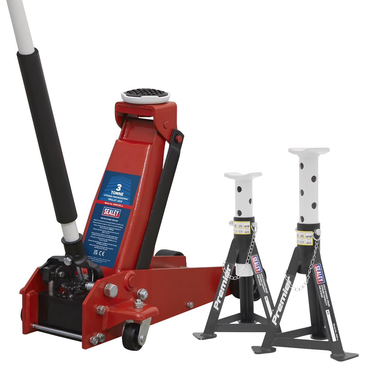 Sealey 3000CXDCOMBO1 Trolley Jack 3 Tonne & Axle Stands (Pair) 3 Tonne per Stand Combo Sealey
