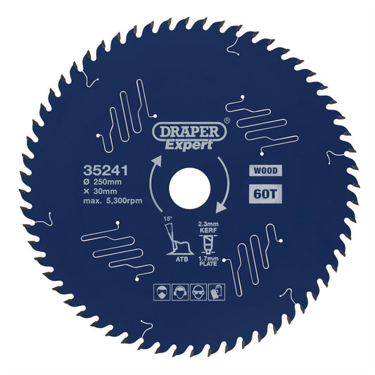 Draper 35241 Expert TCT Circular Saw Blade for Wood with PTFE Coating 250 x 30mm 60T Draper