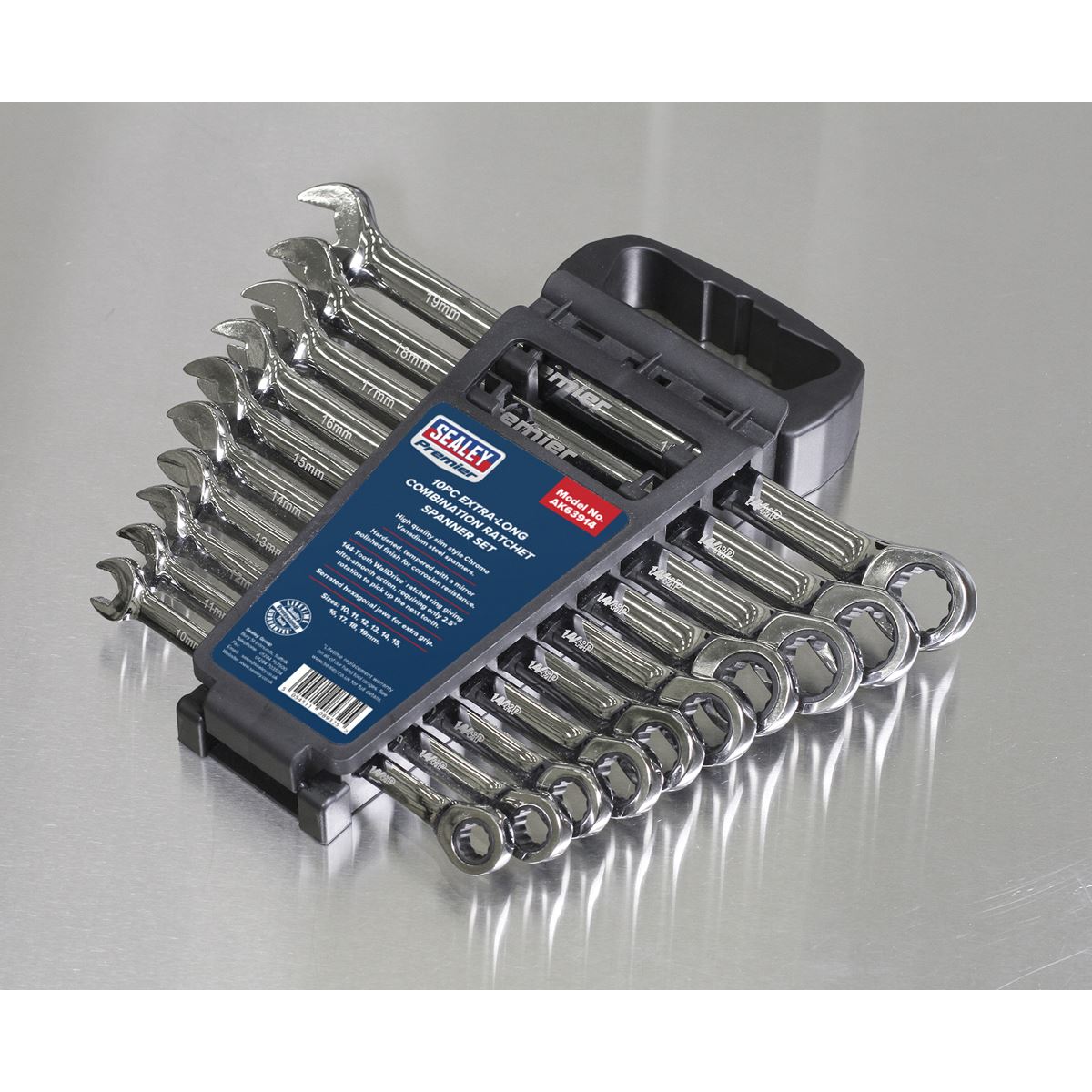 Sealey AK63914 Combination Ratchet Spanner Set 10pc Extra-Long Metric Sealey