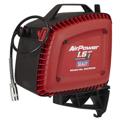 Sealey SAC15WM Wall Mounting Oil Free Air Compressor 1.5hp with 7m Retractable Hose Reel Sealey