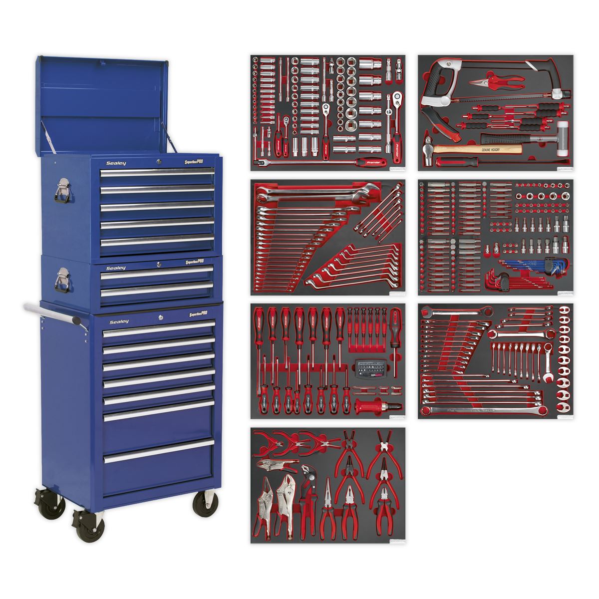Sealey TBTPCOMBO5 Tool Chest Combination 14 Drawer with Ball-Bearing Slides - Blue & 446pc Tool Kit Sealey