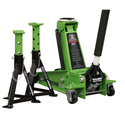 Sealey 3015CXHV Trolley Jack with Super Rocket Lift 3 Tonne & Axle Stands (Pair) 3 Tonne Capacity per Stand - Green Sealey