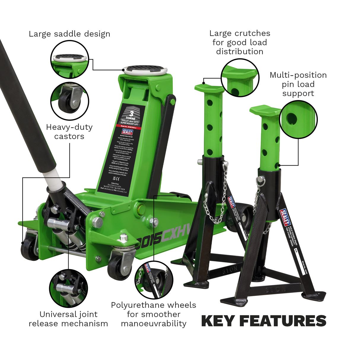 Sealey 3015CXHV Trolley Jack with Super Rocket Lift 3 Tonne & Axle Stands (Pair) 3 Tonne Capacity per Stand - Green Sealey