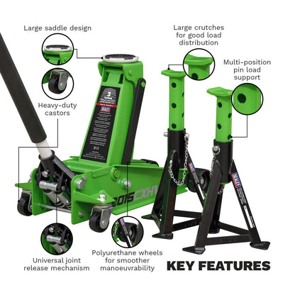 Sealey 3015CXHV Trolley Jack with Super Rocket Lift 3 Tonne & Axle Stands (Pair) 3 Tonne Capacity per Stand - Green Sealey