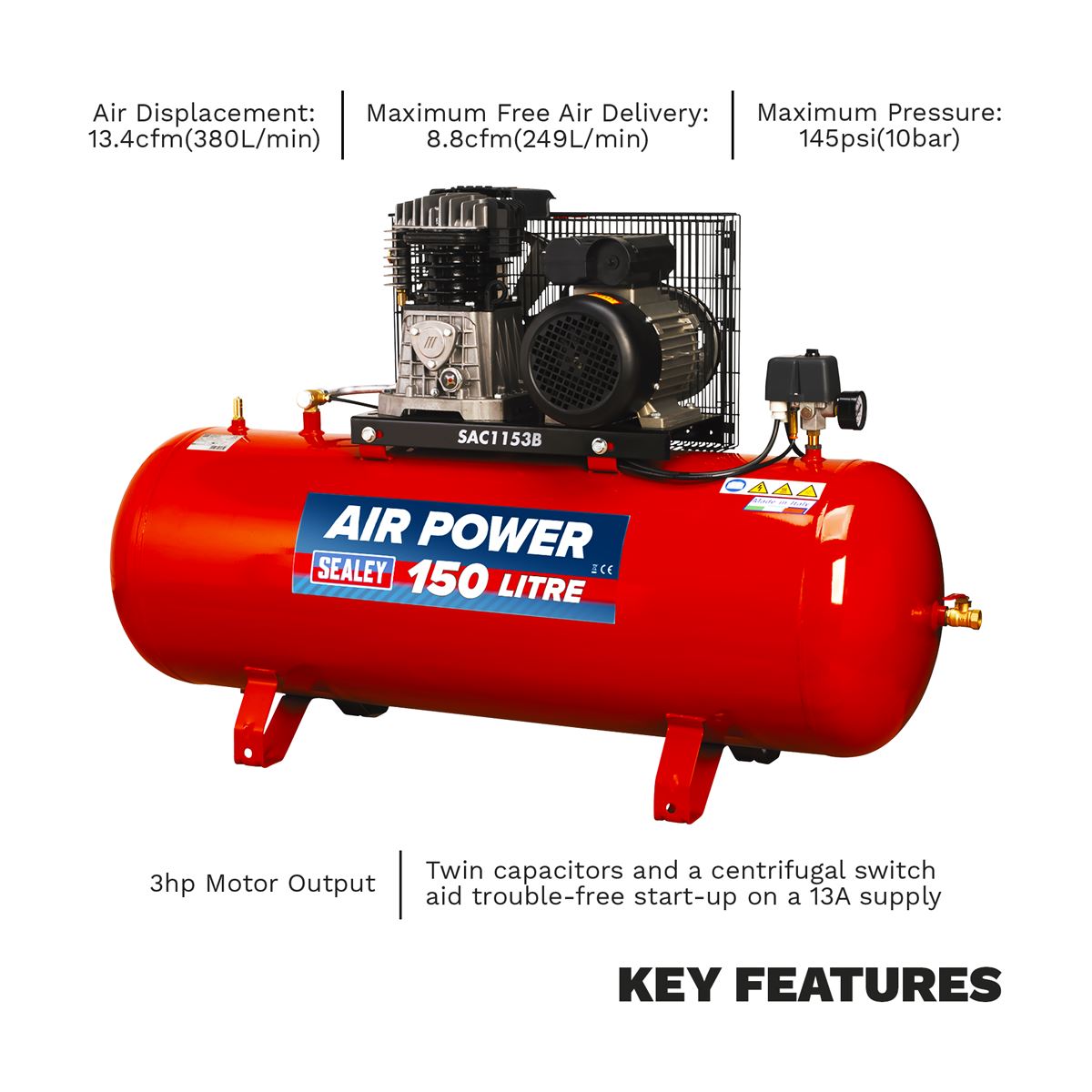 Sealey SAC1153B Air Compressor 150L Belt Drive 3hp with Cast Cylinders Sealey