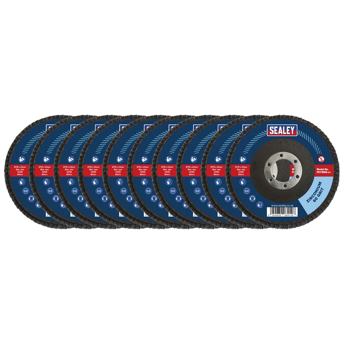 Sealey FD1156010 60Grit Flap Discs Zirconium Ø115mm Ø22mm Bore - Pack of 10 Sealey