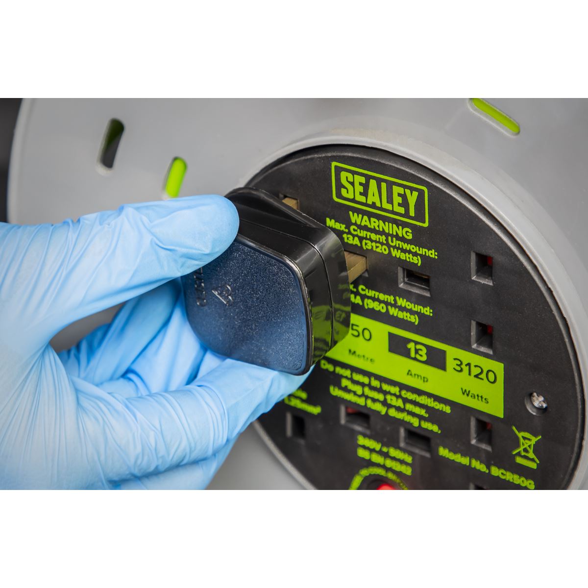 Sealey BCR50G Cable Reel with Thermal Trip 4 x 230V Sockets 50m - Green Sealey