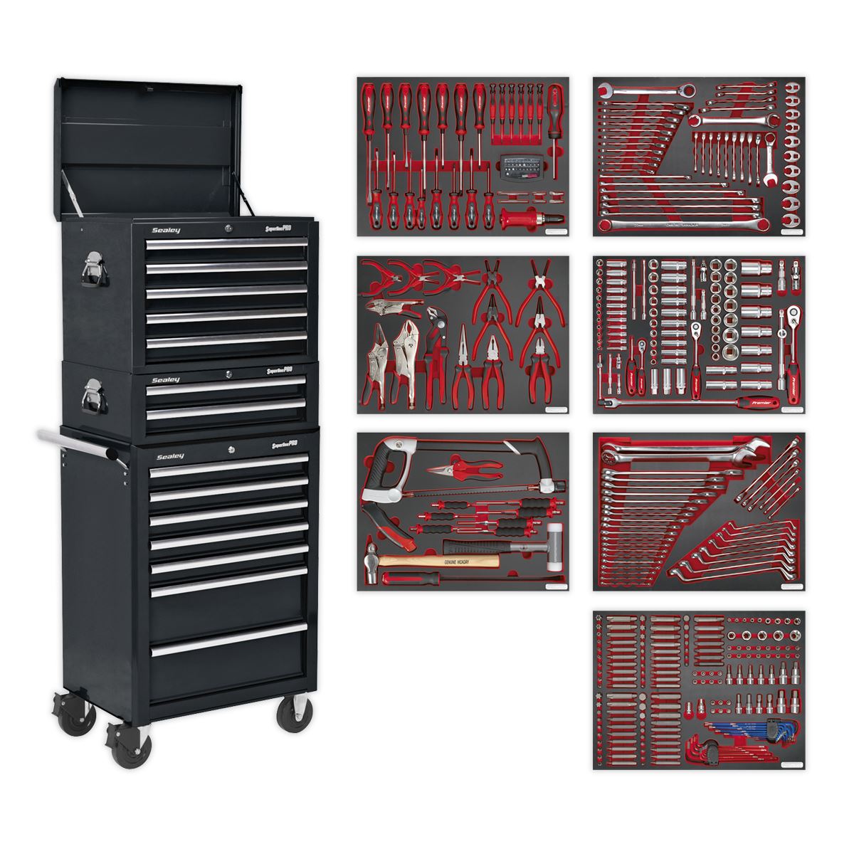 Sealey TBTPCOMBO2 Tool Chest Combination 14 Drawer with Ball-Bearing Slides - Black & 446pc Tool Kit Sealey