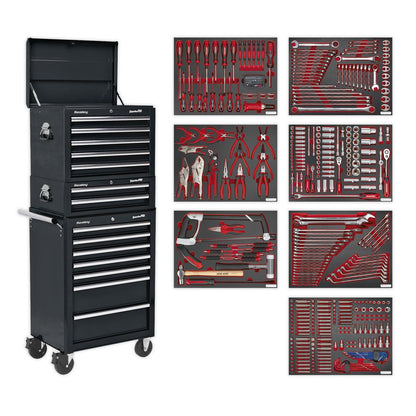 Sealey TBTPCOMBO2 Tool Chest Combination 14 Drawer with Ball-Bearing Slides - Black & 446pc Tool Kit Sealey