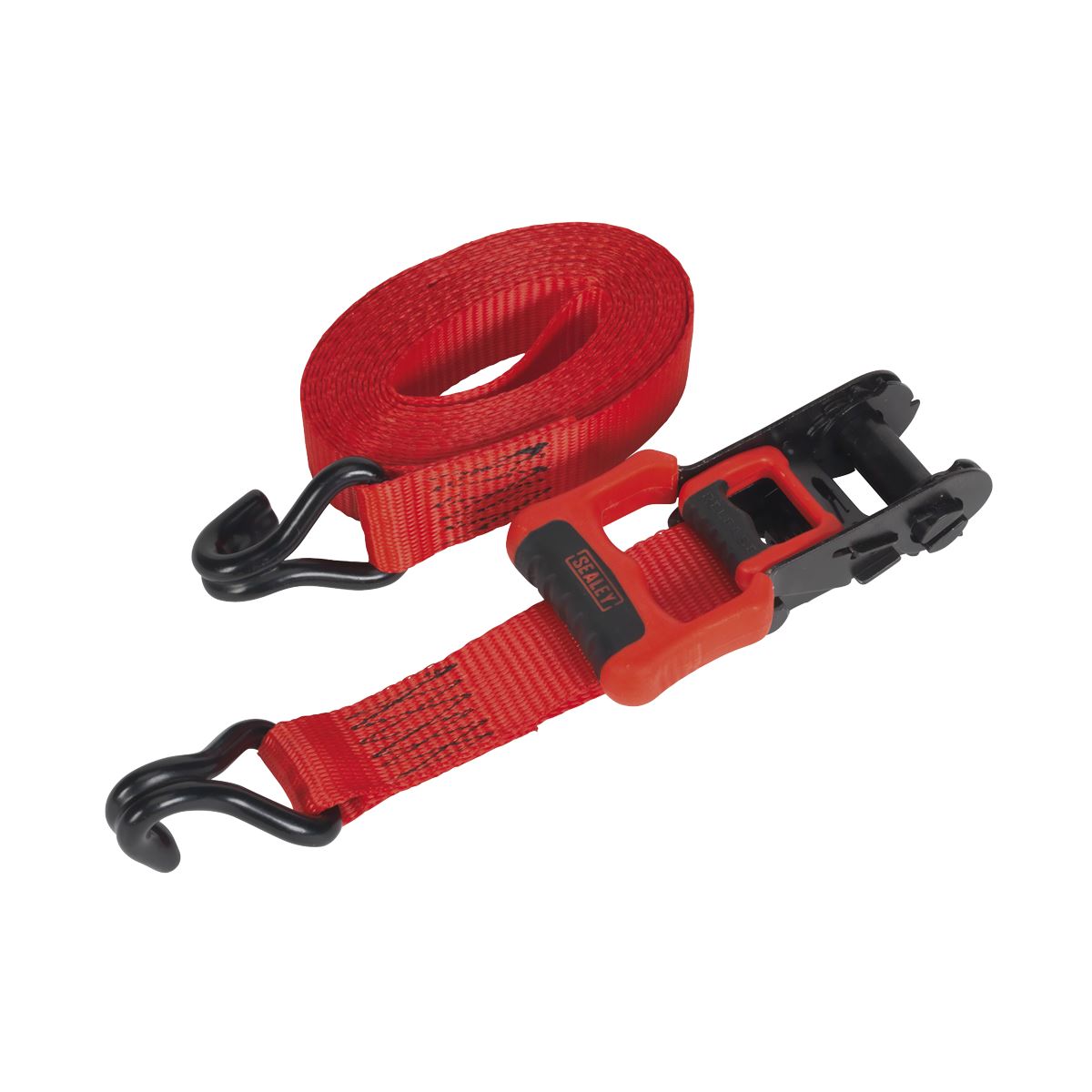Sealey TD41248JD Ratchet Straps 32mm x 4.9m Polyester Webbing with J-Hooks 1200kg Breaking Strength - 2 Pairs Sealey