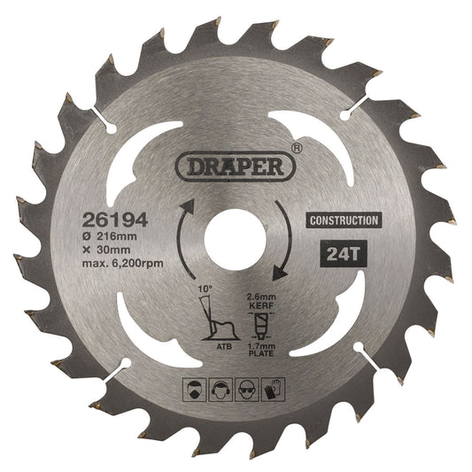 Draper 26194 TCT Construction Circular Saw Blade 216 x 30mm 24T Draper