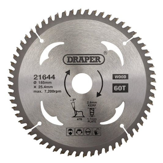 Draper 21644 TCT Circular Saw Blade for Laminate & Wood 185 x 25.4mm 60T Draper