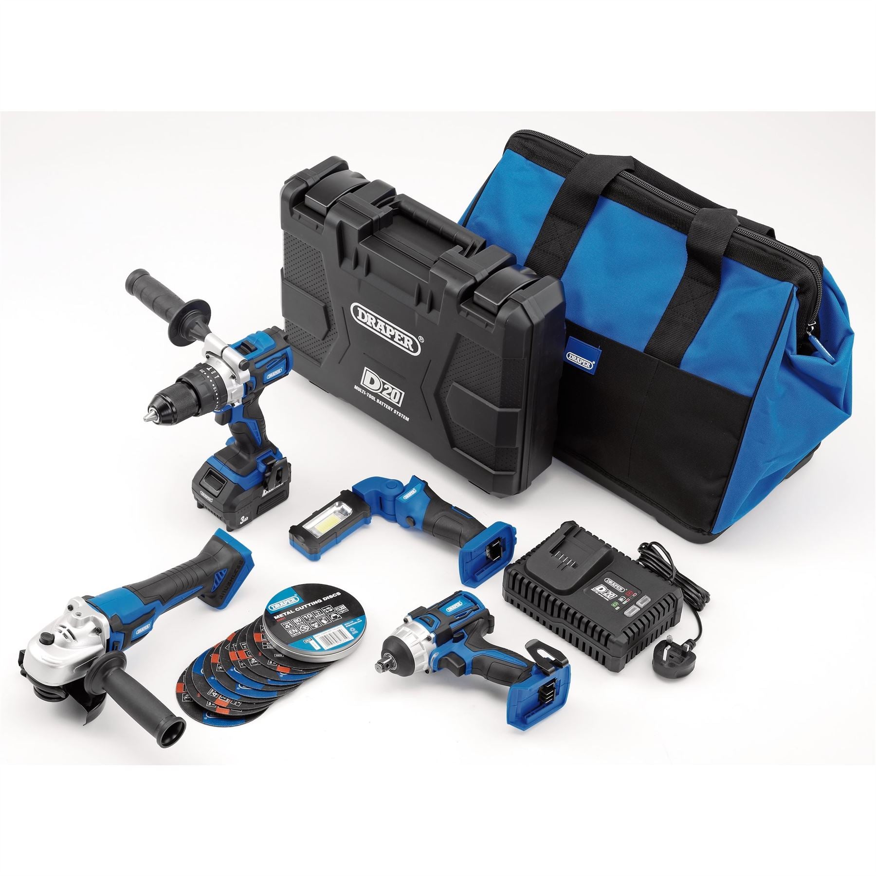 Draper 90470 D20 20V Workshop Kit 1 x 3.0Ah Battery 1 x 4.0Ah Battery 1 x Fast Charger 19 Piece Draper