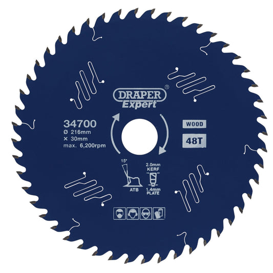 Draper 34700 Expert TCT Circular Saw Blade for Wood with PTFE Coating 216 x 30mm 48T Draper
