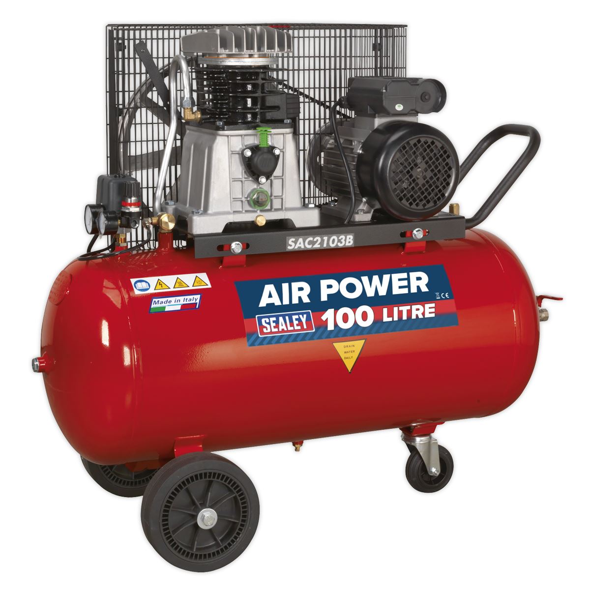 Sealey SAC2103B Air Compressor 100L Belt Drive 3hp with Cast Cylinders & Wheels Sealey