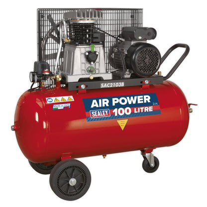 Sealey SAC2103B Air Compressor 100L Belt Drive 3hp with Cast Cylinders & Wheels Sealey