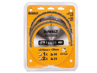 Dewalt Dt1962 Construction Circular Saw Blade 3 Pack 216 X 30mm 2 X 24t 1 X 40t Dewalt