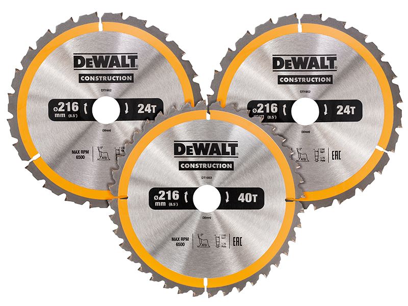 Dewalt Dt1962 Construction Circular Saw Blade 3 Pack 216 X 30mm 2 X 24t 1 X 40t Dewalt