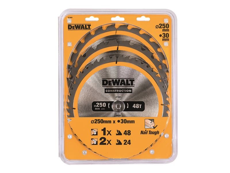 Dewalt Dt1963 Construction Circular Saw Blade 3 Pack 250 X 30mm X 24t/48t Dewalt