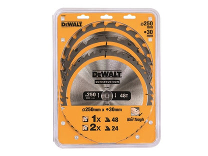 Dewalt Dt1963 Construction Circular Saw Blade 3 Pack 250 X 30mm X 24t/48t Dewalt