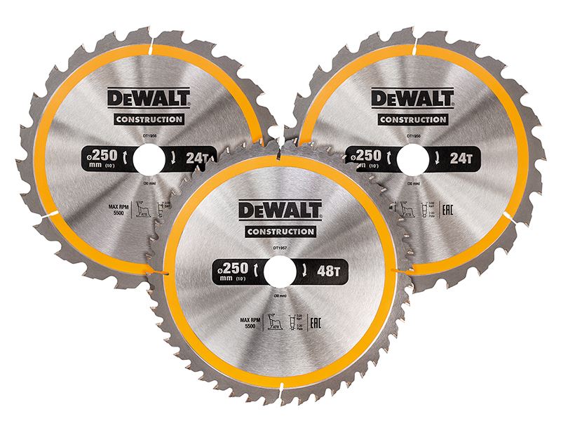 Dewalt Dt1963 Construction Circular Saw Blade 3 Pack 250 X 30mm X 24t/48t Dewalt