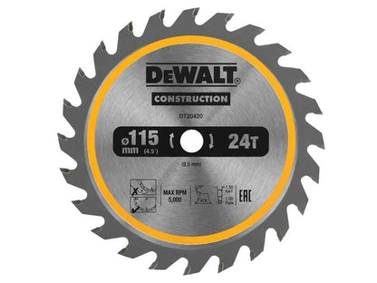 Dewalt Dt20420 Tct Construction Circular Saw Blade 115 X 9.5mm X 24t Dewalt