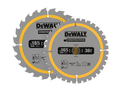 Dewalt Dt90270 Construction Circular Saw Blade 2 Pack 165 X 20mm X 24t/36t Dewalt