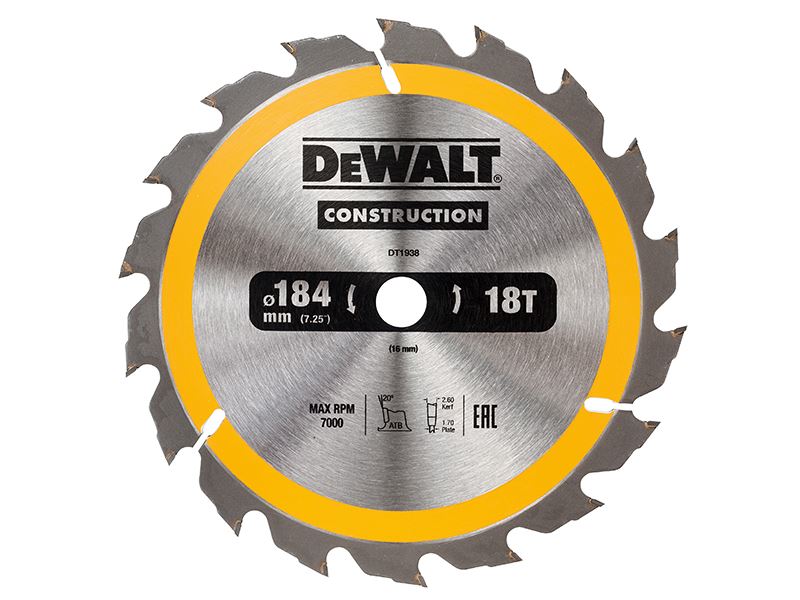 Dewalt Portable Construction Circular Saw Blade 184 X 16mm X 18t Dewalt