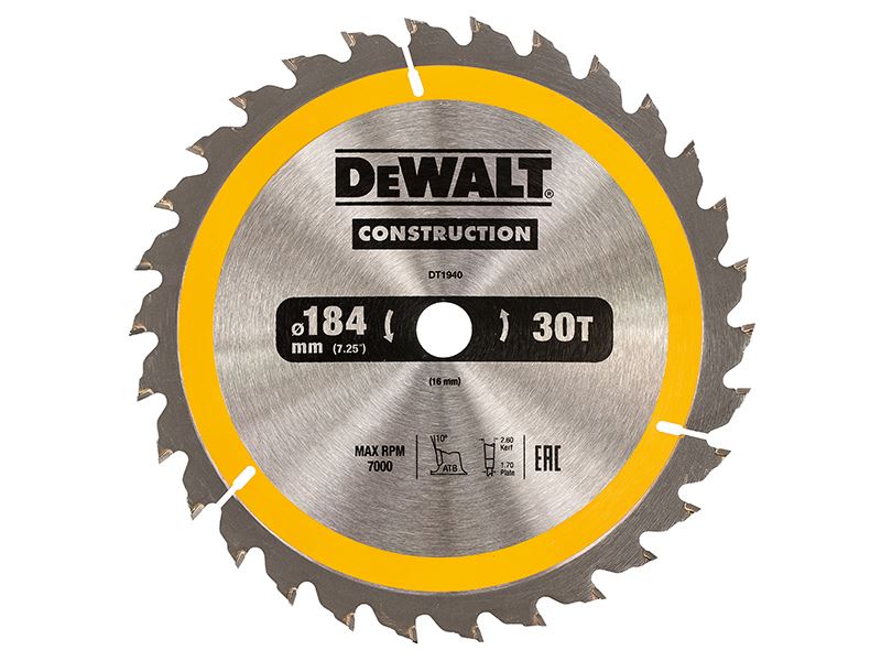 Dewalt Portable Construction Circular Saw Blade 184 X 16mm X 30t Dewalt