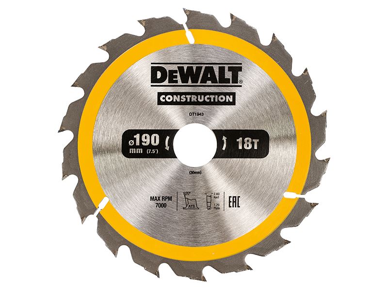 Dewalt Portable Construction Circular Saw Blade 190 X 30mm X 18t Dewalt