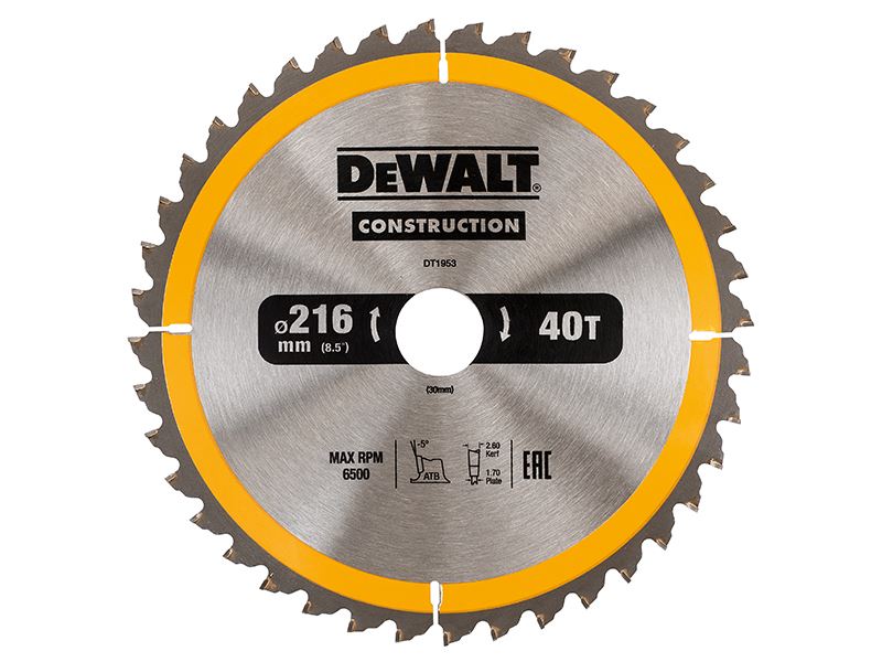 Dewalt Stationary Construction Circular Saw Blade 216 X 30mm X 40t Atb/Neg Dewalt